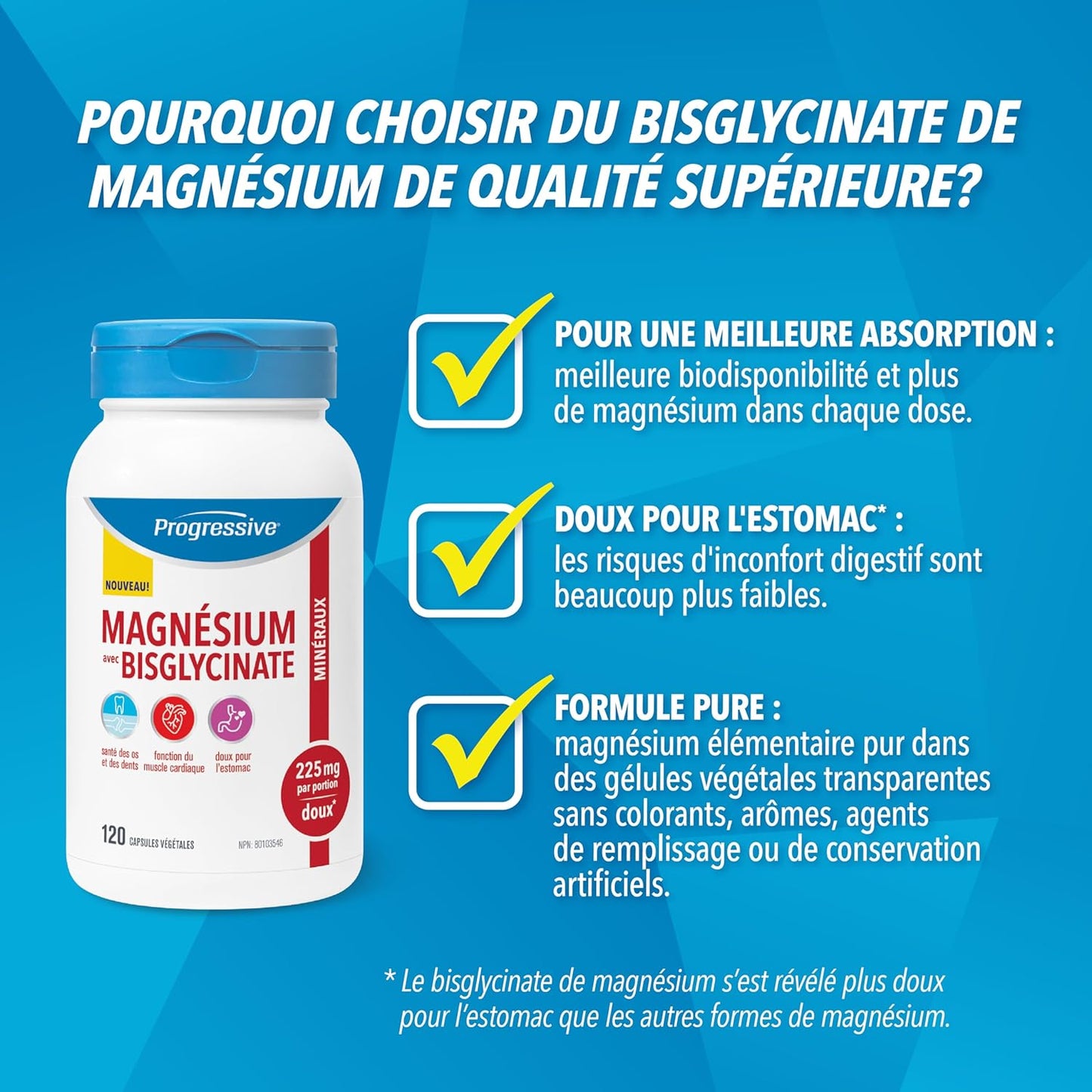 Progressive Elemental 雙甘氨酸鎂 225 毫克 — 120 粒素食膠囊 — 高度可吸收的溫和雙甘氨酸鎂混合物，有助於睡眠、心臟、骨骼和肌肉功能