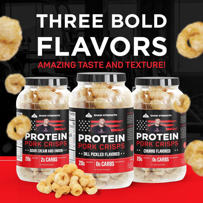 Shaw Strength Protein 豬皮（蒔蘿泡菜味，8盎司）；專為世界最強壯男人 Brian Shaw 研發，生酮友好，高蛋白，無碳水化合物，全天然，椰子油炸
