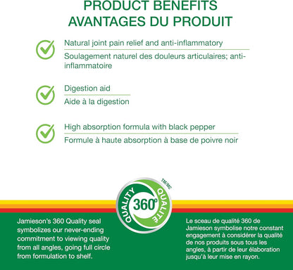Jamieson 姜黄 4,000 毫克，添加黑胡椒，天然缓解关节疼痛，消炎并促进消化。高吸收率，非转基因，无麸质，60 粒素食胶囊，加拿大制造