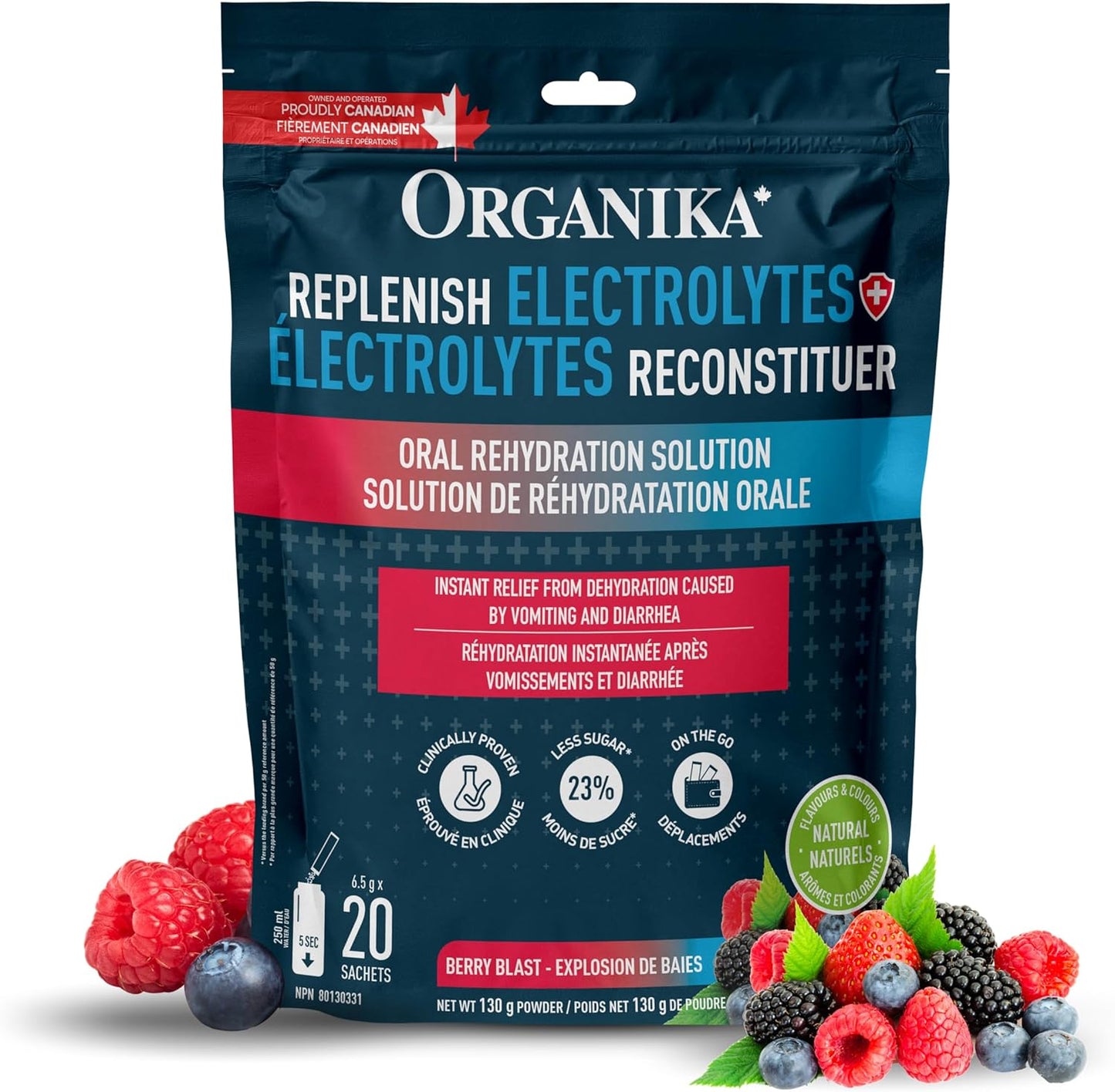 Organika Replenish Electrolytes Powder - Dehydration Relief and Isotonic Electrolyte Powder For Adults, Berry Blast Flavour,Free from Artificial Preservatives, Sweeteners and Colours - 6.5g x 20 sachets