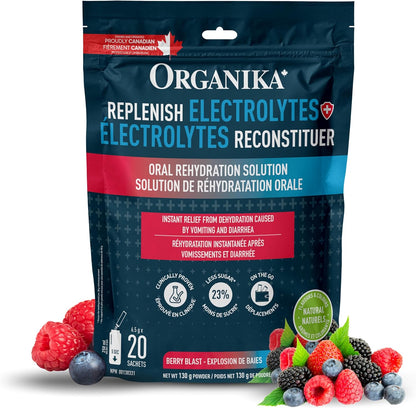 Organika Replenish Electrolytes Powder - Dehydration Relief and Isotonic Electrolyte Powder For Adults, Berry Blast Flavour,Free from Artificial Preservatives, Sweeteners and Colours - 6.5g x 20 sachets
