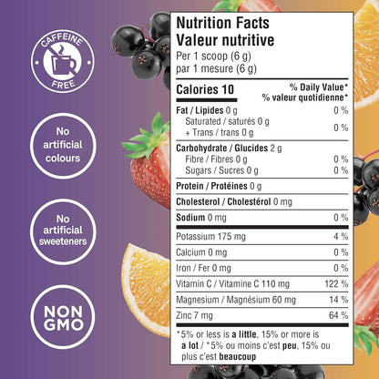 Organika 加拿大制造电解质防御剂，含接骨木莓和紫锥菊 - 柑橘浆果 - 免疫系统支持，无糖补水和电解质补充 - 180 克