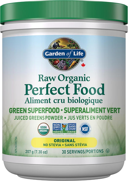 Garden of Life Raw Organic Perfect Food Green Superfood Original 207 gram."Raw Organic Perfect Food is packed with 40 nutrient-dense ingredients, including freshly harvested greens that are low-temperature dried to lock …