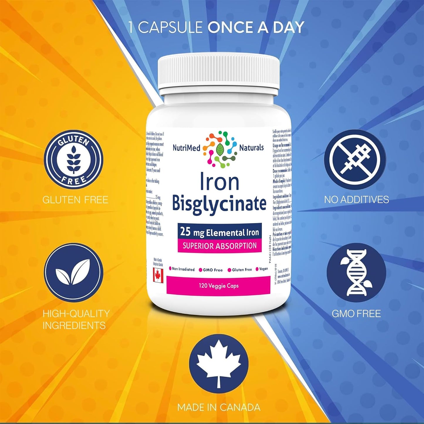 Nutrimed Naturals - 甘氨酸鐵，120 粒素食膠囊，120 天用量 - 25 毫克元素鐵缺乏性貧血和相關疲勞和乏力 - 經第三方測試 - 加拿大配製和製造