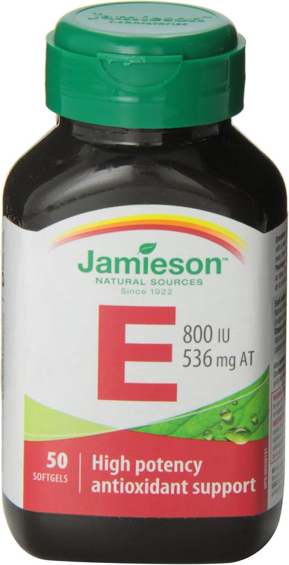 Jamieson 強效維生素 E 800 國際單位軟膠囊，天然抗氧化劑，有助於預防組織損傷和維生素 E 缺乏症。不含麩質，不含人工香料、色素或防腐劑，50 粒裝，加拿大製造