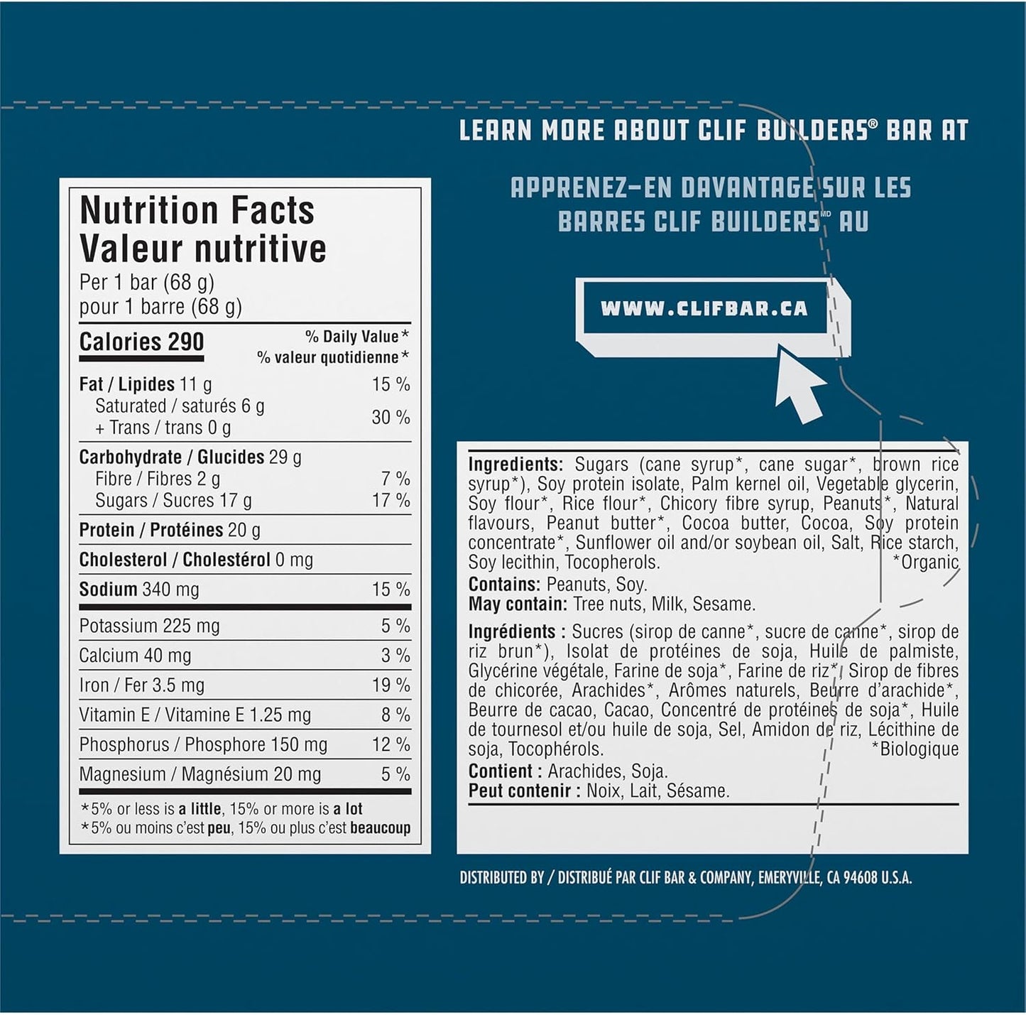 CLIF BUILDERS 蛋白棒，巧克力花生酱味，20 克蛋白质，加拿大制造，不含麸质，不含人工甜味剂，68 克（6 包）