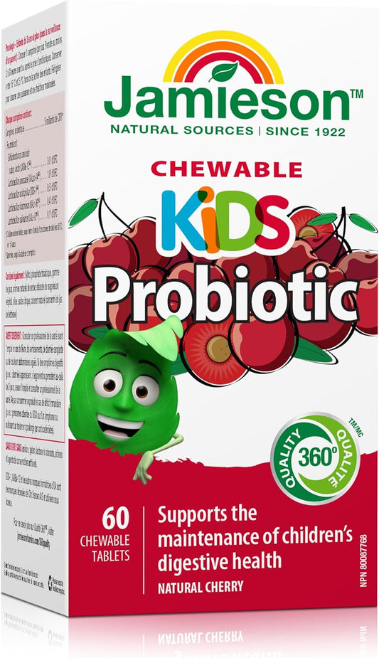Jamieson Chewable Probiotic for Kids 5 Billion CFU Natural Cherry Flavour, Digestive and Intestinal Health, Supports Healthy Gut Flora. With Bifidobacterium and Lactobacillus, Non-GMO, No Artificial Colours, Flavours, or…