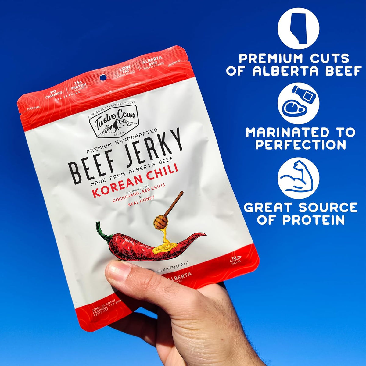 Twelve Cows Handcrafted Beef Jerky Korean Chili, Whole Muscle Premium Cuts, Alberta Beef, High Protein, Low Carb, Halal, Keto - 57g (1 Pack)
