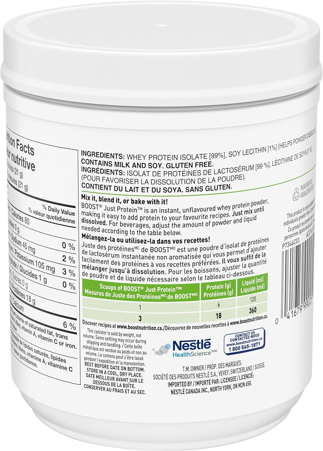 Boost JUST Protein 无味速溶乳清分离蛋白粉，227 克（1 包）- 包装可能有所不同