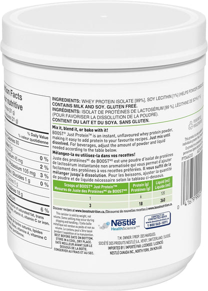Boost JUST Protein 无味速溶乳清分离蛋白粉，227 克（1 包）- 包装可能有所不同