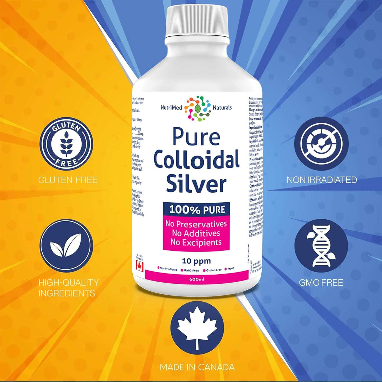Nutrimed Naturals - 純膠體銀 10ppm，600ml 液體，120 份 - 有助於支持您的免疫系統和整體活力 - 純素和非基因改造 - 第三方測試 - 加拿大配製和製造
