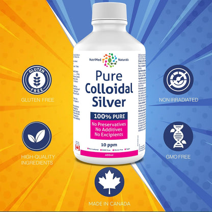 Nutrimed Naturals - 純膠體銀 10ppm，600ml 液體，120 份 - 有助於支持您的免疫系統和整體活力 - 純素和非基因改造 - 第三方測試 - 加拿大配製和製造