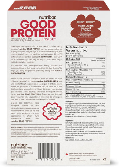 Nutribar Good Protein High Protein Bars Maple Crunch, Made in Canada, 14g Protein, 12 Bars