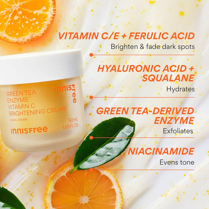 innisfree Green Tea Enzyme Vitamin C Brightening Cream, Korean Face Moisturizer for Dark Spots, Hydration & Radiant Skin