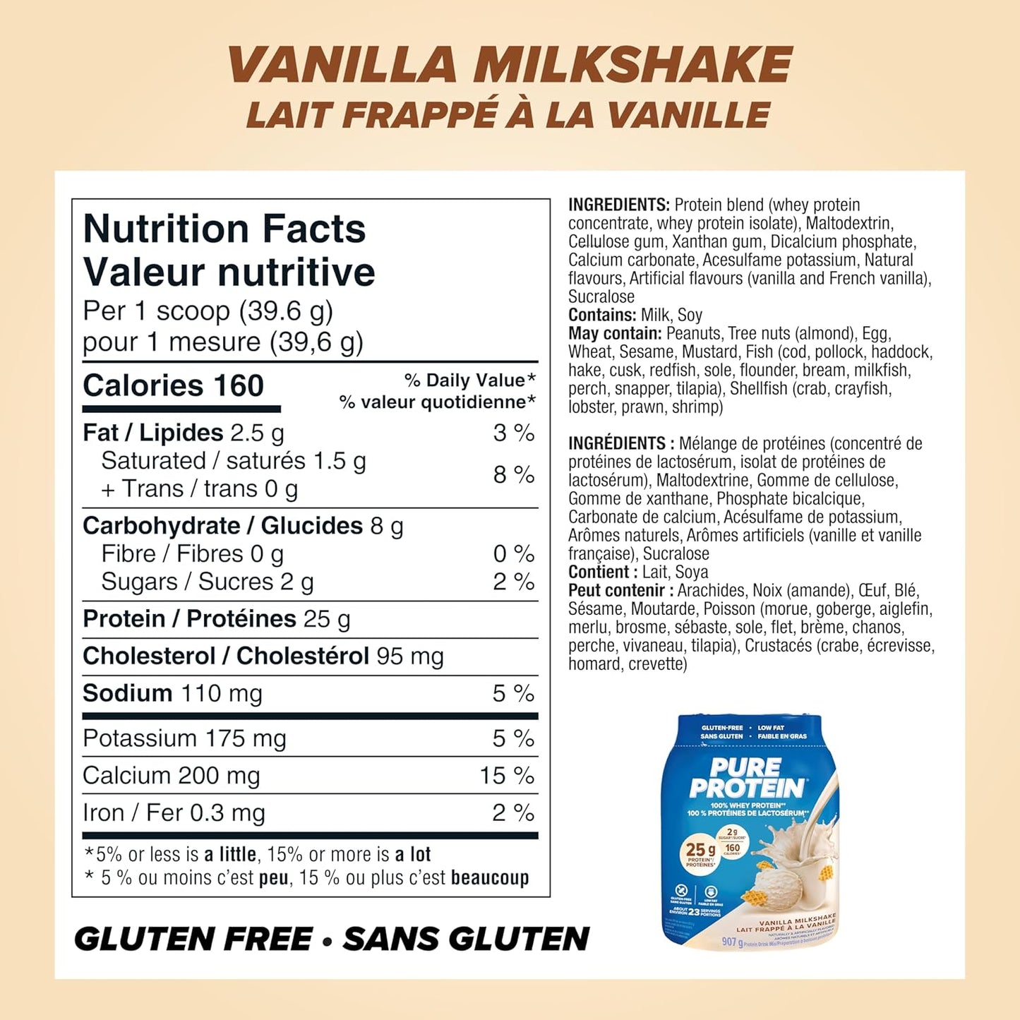 Pure Protein Whey Powder - High Protein (25 g/scoop), Low Sugar (2 g/scoop), Gluten Free - Fast-Acting Formula, Vanilla, 907g