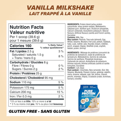 Pure Protein Whey Powder - High Protein (25 g/scoop), Low Sugar (2 g/scoop), Gluten Free - Fast-Acting Formula, Vanilla, 907g