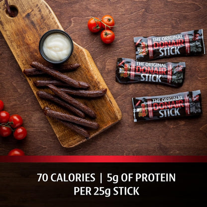 Donair Flavoured Dried Meat Stick - Made with 100% Canadian Beef - Protein Rich, Perfect for Snacks - 70 Calories Per Stick (12 x 50g pkgs - 24 sticks per box)