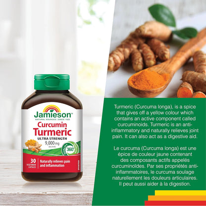 Jamieson Turmeric 9,000 mg, Ultra Strength, Provides Natural Joint Pain Relief, Supports Inflammation, and Helps with Digestion. NON-GMO, Gluten-Free, 30 Vegetarian Capsules, Proudly Canadian