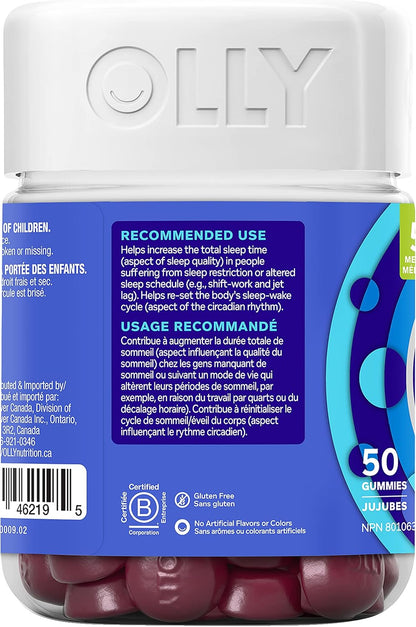 OLLY 強效睡眠軟糖補充劑助眠黑莓禪混合褪黑激素、L-茶氨酸和植物成分 25 天供應量 50 粒軟糖