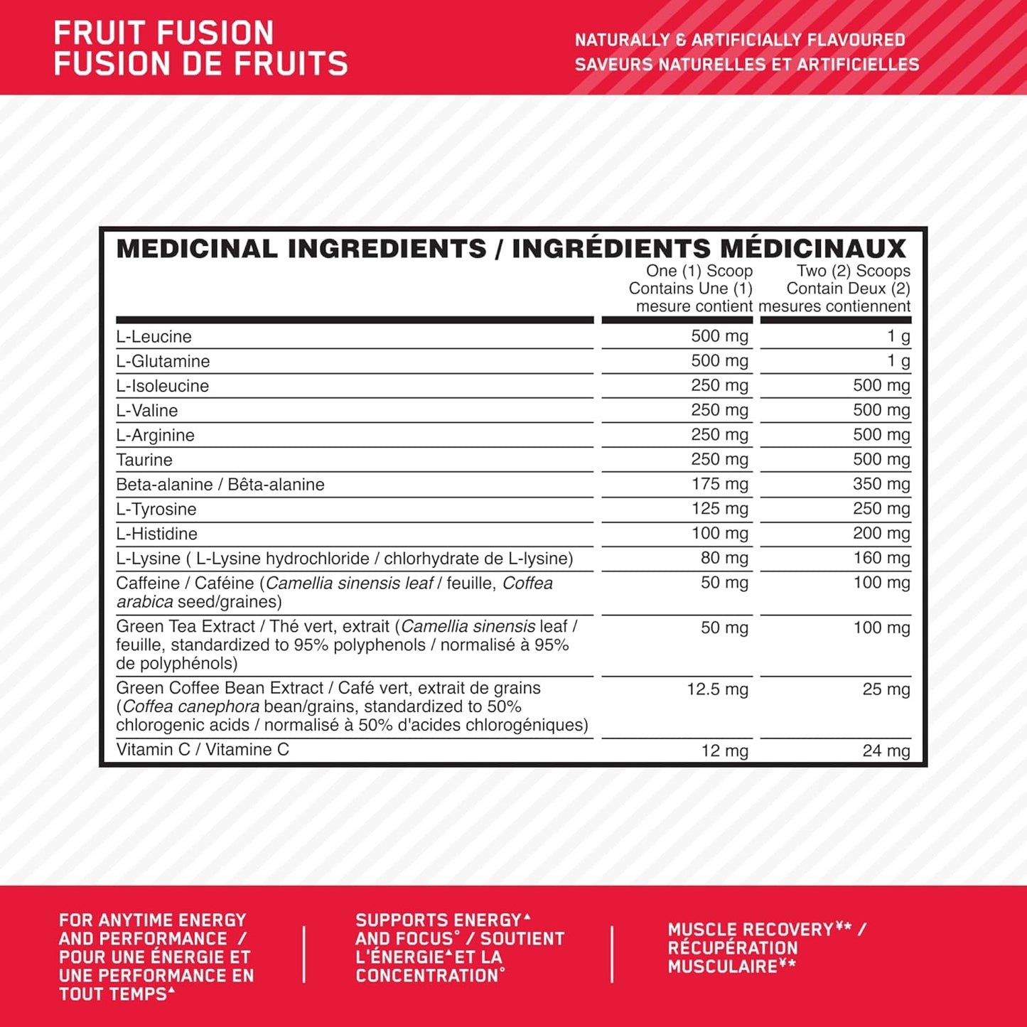 Optimum Nutrition 氨基能量粉：運動前和隨時補充能量，含綠茶、綠咖啡萃取 + BCAA - 水果融合：30 份 [270 克]（包裝可能有所不同）