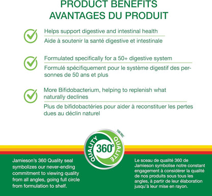 Jamieson 成人 50+ 益生菌，含 150 億活性細胞，促進雙歧桿菌生長，支持消化系統健康和腸道健康。 10 種獨特菌株，包括乳酸桿菌和雙歧桿菌，非基因改造，無麩質，30 種植物成分…