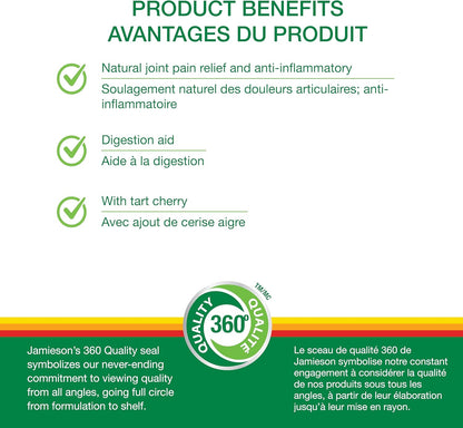 Jamieson姜黄100毫克，含酸樱桃500毫克，天然缓解关节疼痛，消炎助消化。非转基因，30粒素食胶囊，加拿大制造