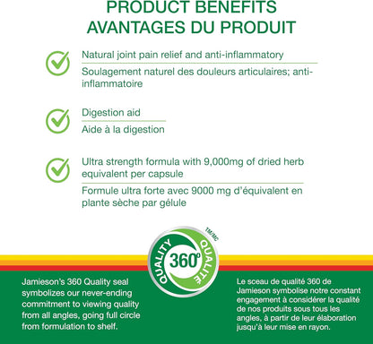 Jamieson Turmeric 9,000 mg, Ultra Strength, Provides Natural Joint Pain Relief, Supports Inflammation, and Helps with Digestion. NON-GMO, Gluten-Free, 30 Vegetarian Capsules, Proudly Canadian