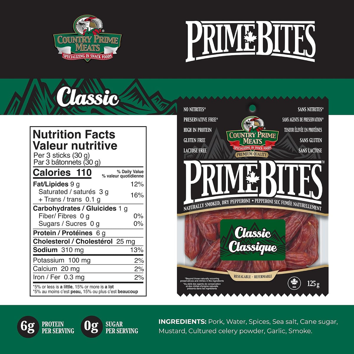 Country Prime Meats Prime Bites Pepperoni Classic 125g (Pack of 16)