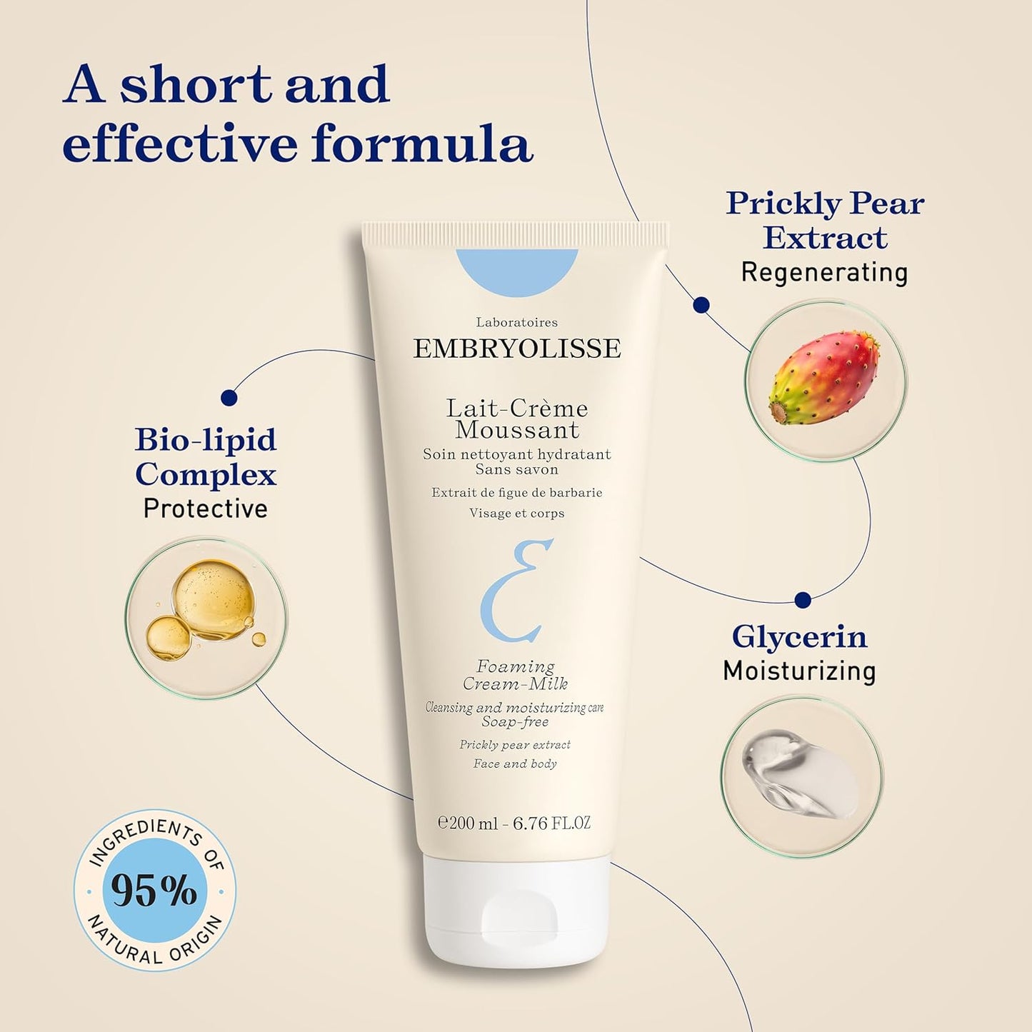 Embryolisse Foaming Cream Milk, Lait-Crème Moussant. Hydrating Cleanser for Face and Body, Soap-Free, Vegan Formula, 200 ml