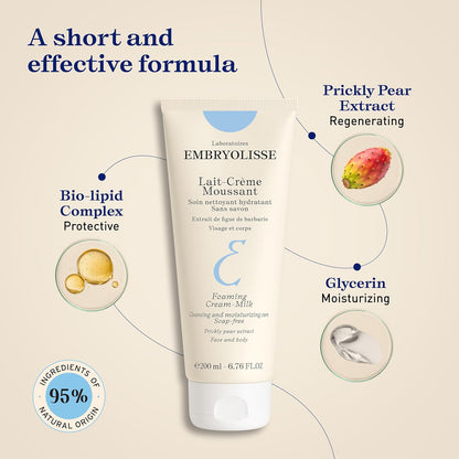 Embryolisse Foaming Cream Milk, Lait-Crème Moussant. Hydrating Cleanser for Face and Body, Soap-Free, Vegan Formula, 200 ml
