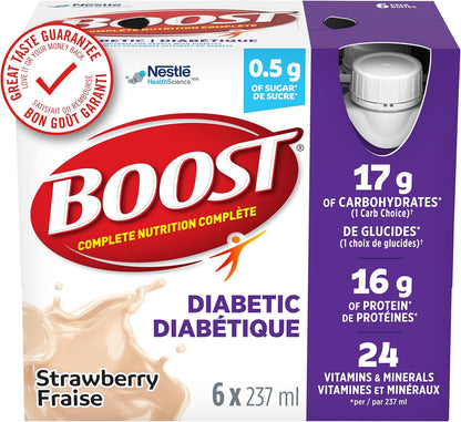 BOOST Diabetic Nutritional Supplement, Chocolate, 24 x 237 ml & BOOST Diabetic Nutritional Supplement, Strawberry, 24 x 237 ml & BOOST Diabetic Nutritional Supplement, Vanilla, 4 six-packs of 237ml