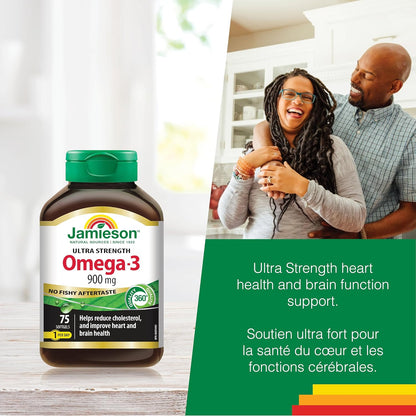Jamieson 強效 Omega-3 900 毫克，無魚腥味，支持心臟、大腦和眼睛健康，緩解關節炎。高效力，富含 EPA 和 DHA，非基因，無麩質，75 粒軟膠囊，加拿大製造