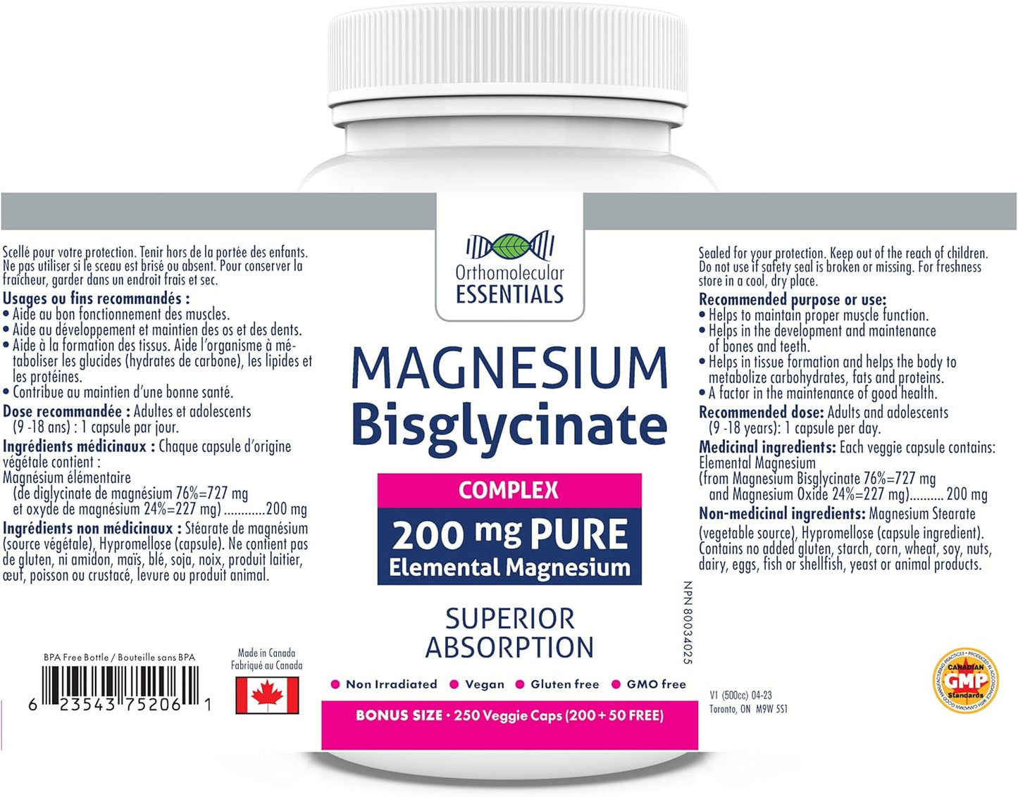 正分子必需品 – 雙甘氨酸鎂複合物 200 毫克，250 粒素食膠囊（250 天用量）– 元素鎂，有助於睡眠、骨骼健康和神經功能 – 非基因改造和無麩質