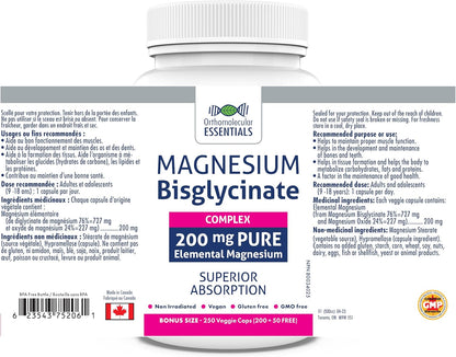正分子必需品 – 雙甘氨酸鎂複合物 200 毫克，250 粒素食膠囊（250 天用量）– 元素鎂，有助於睡眠、骨骼健康和神經功能 – 非基因改造和無麩質