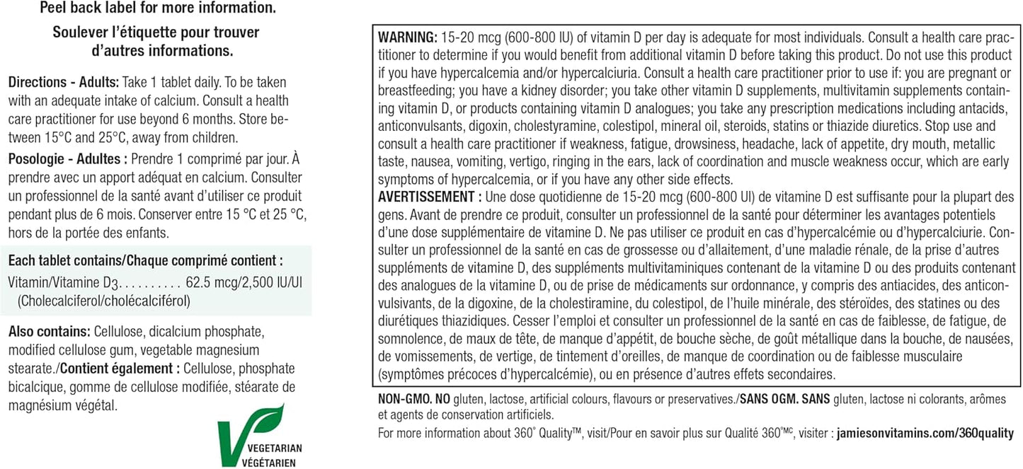 Jamieson 维生素 D3 2,500 IU 片剂，有助于预防维生素 D 缺乏症和骨质疏松症，增强免疫力，强健骨骼和牙齿。素食，非转基因，无麸质，180 片，加拿大制造