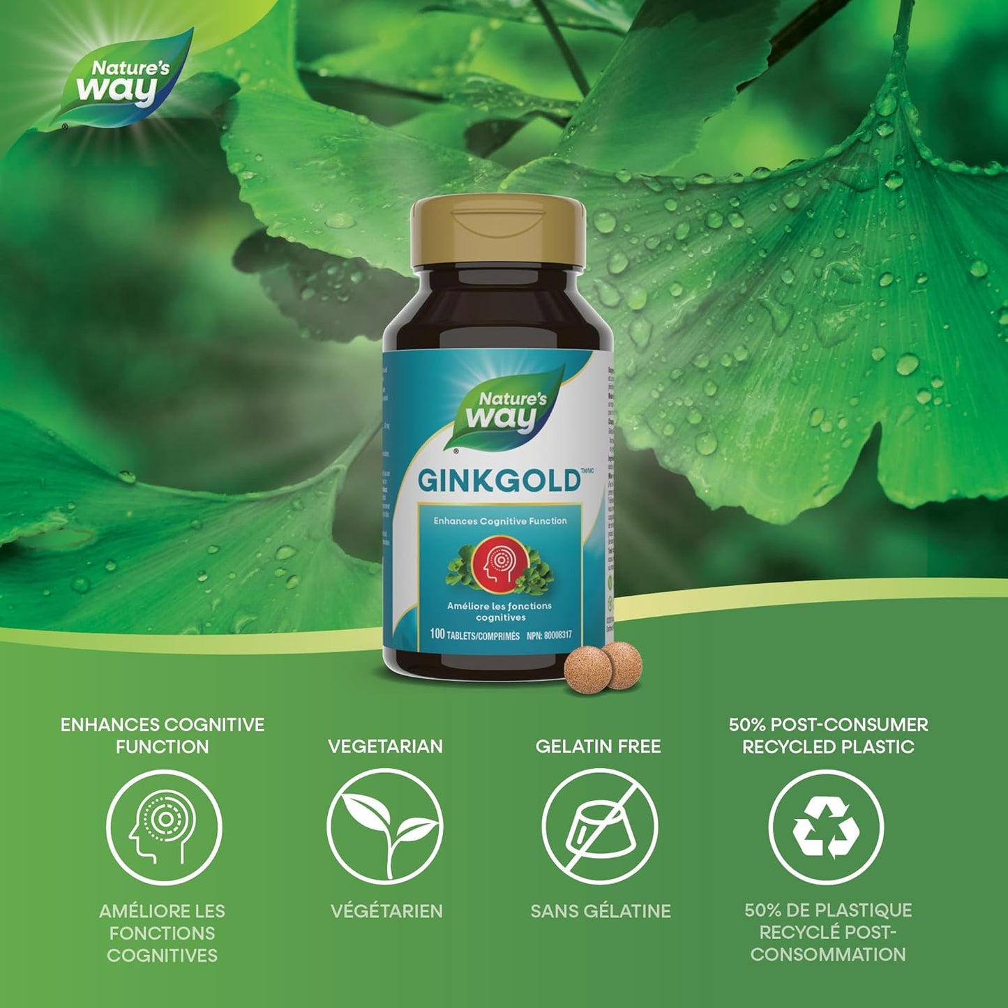 Nature's Way 銀杏金 - 成人認知功能和記憶力支持補充劑 - 外周循環 - 採用銀杏葉製成 - 標準化提取物 - 100 片素食片