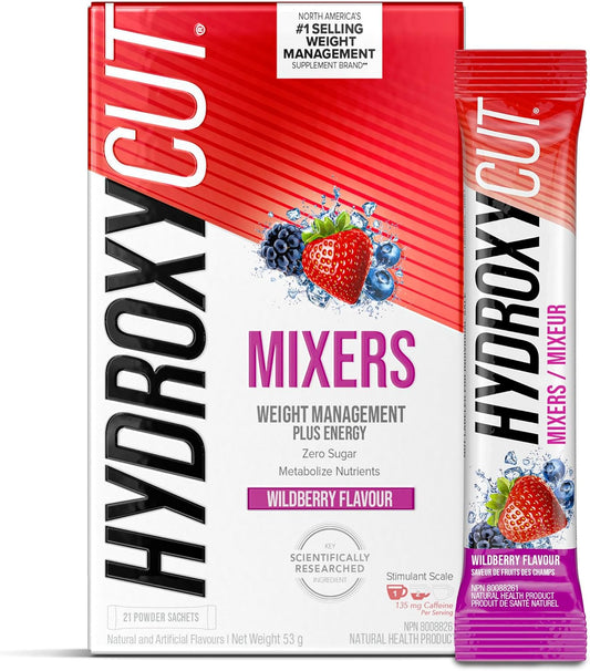 Hydroxycut 男女体重管理补充剂，野莓味，21 袋粉剂 - 含咖啡因和电解质的能量饮料粉 - 零糖