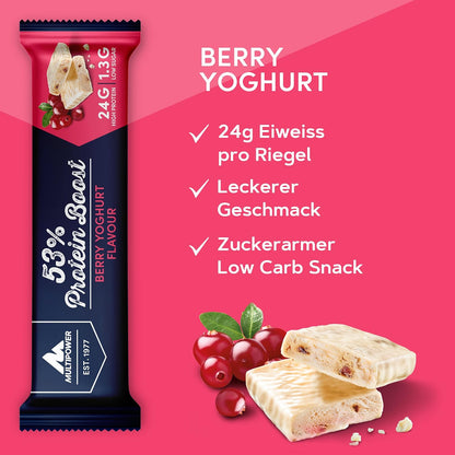 Multipower 53% Protein Boost Bar - Berry Yoghurt Flavor - High-Protein Low-Sugar Snack - 45g Bars (20 Pack)