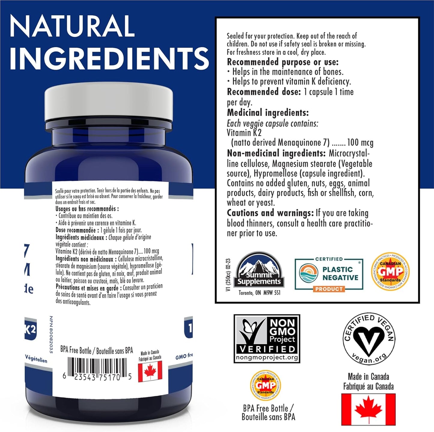 Vitamin K2 MK-7 100mcg, 150 Veggie Capsules, 150-Day Supply, Bioavailable Vitamin K2 Supplement for Bone Strength & Cardiovascular Support, Vegan, GMO & Gluten Free, Proudly Canadian, Plastic Negative