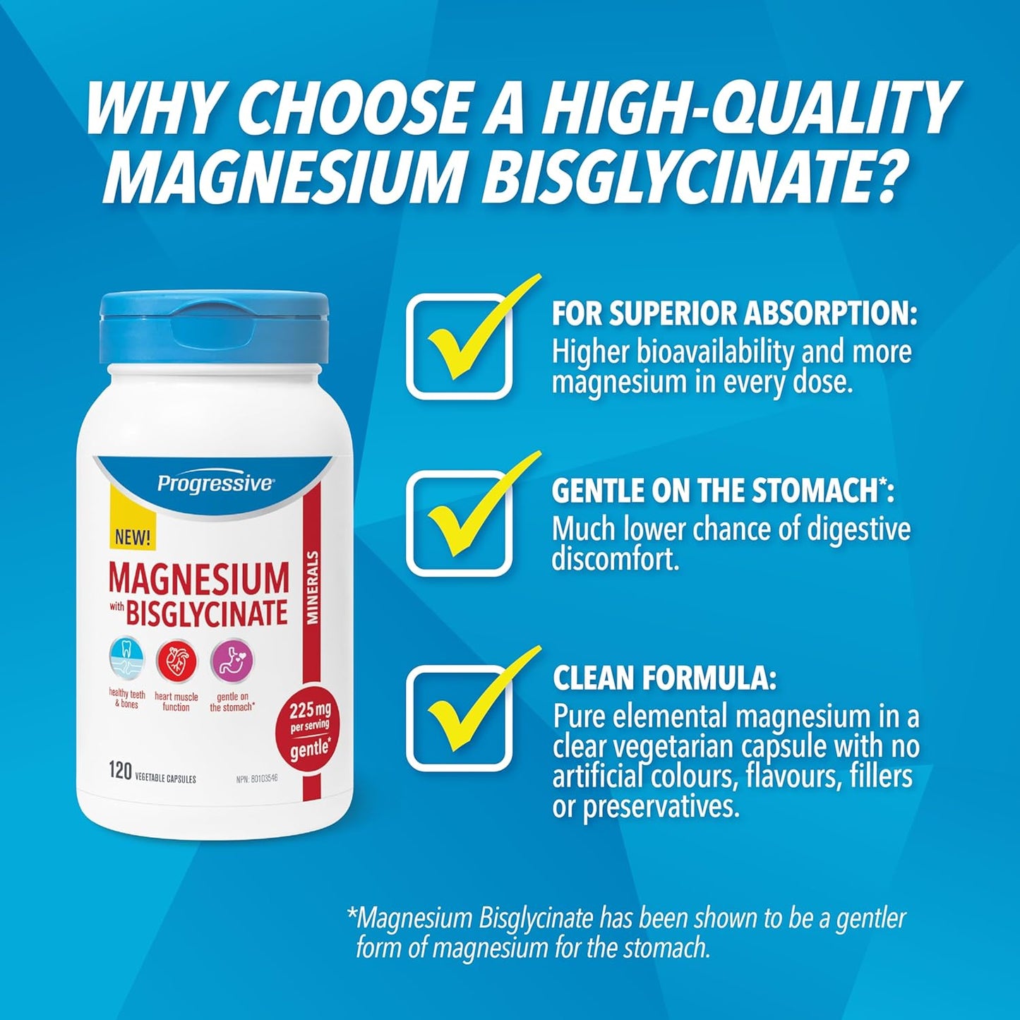 Progressive Elemental 雙甘氨酸鎂 225 毫克 — 120 粒素食膠囊 — 高度可吸收的溫和雙甘氨酸鎂混合物，有助於睡眠、心臟、骨骼和肌肉功能