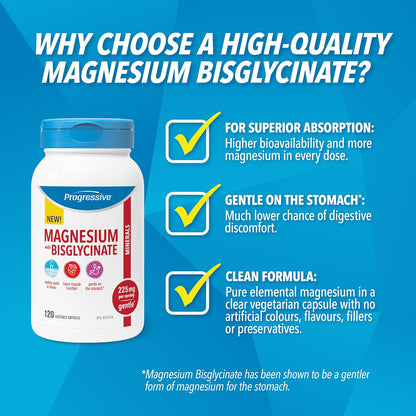 Progressive Elemental 雙甘氨酸鎂 225 毫克 — 120 粒素食膠囊 — 高度可吸收的溫和雙甘氨酸鎂混合物，有助於睡眠、心臟、骨骼和肌肉功能