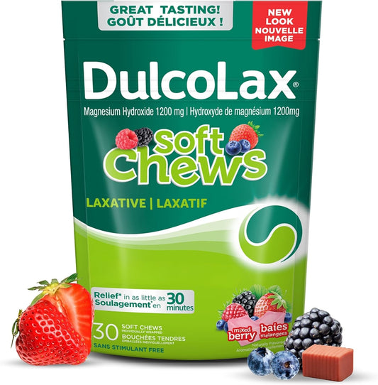 DulcoLax 软咀嚼片，用于缓解偶尔便秘的温和泻药，适用于成人和 12 岁及以上儿童，纯素、无刺激、无麸质泻药，混合浆果味，30 片