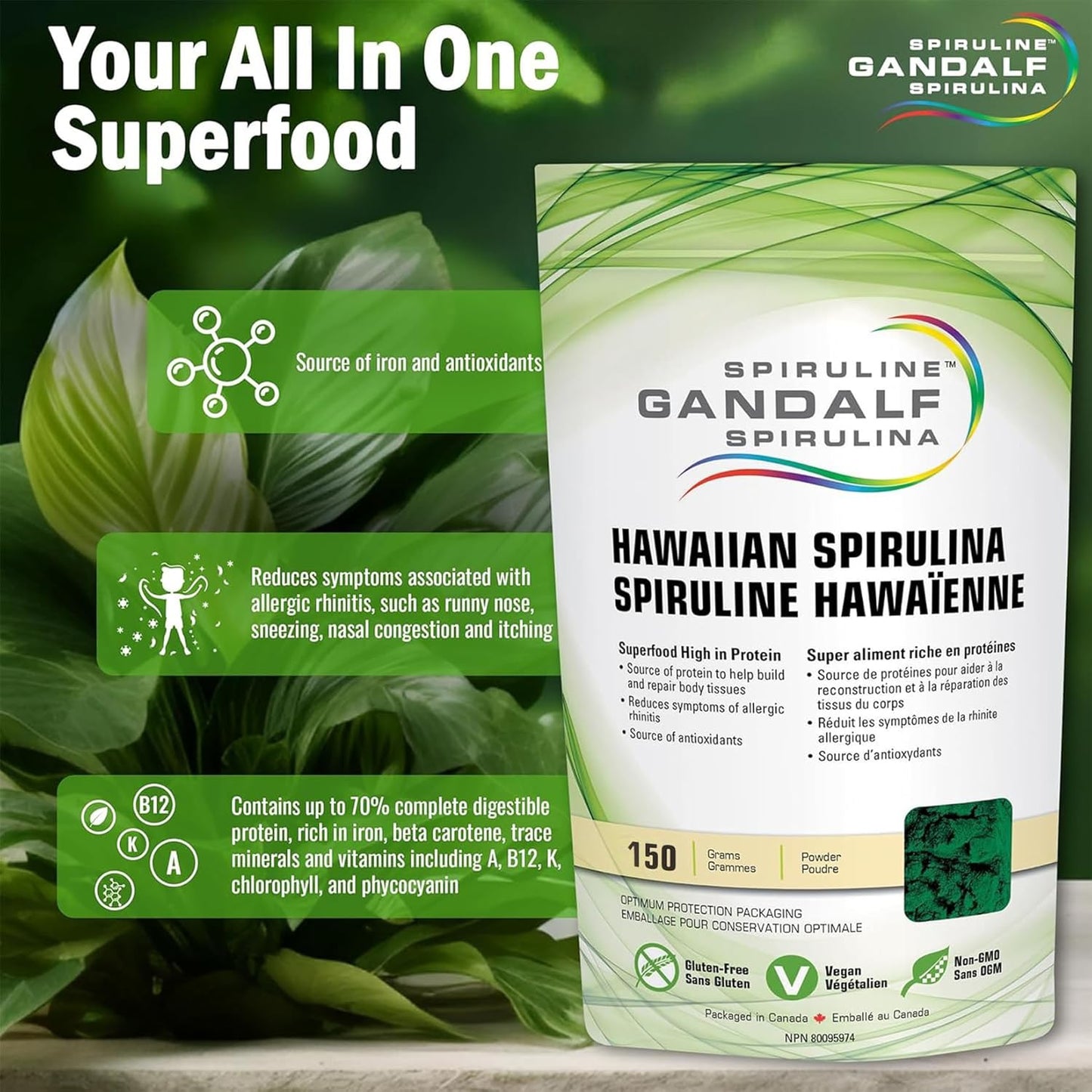 甘道夫加州夏威夷螺旋藻粉 150 克，30 份 - 充滿活力的藍綠藻，有助於平衡生活方式，支持活力和能量，適合素食主義者且營養豐富，是完美的冰沙