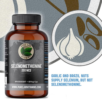 Pure Lab 維生素 | 硒 200 微克補充劑 | 60 粒膠囊 | 甲狀腺健康硒蛋氨酸 200 微克 | 成人免疫系統增強劑和男性和女性甲狀腺支持劑 | 抗氧化補充劑