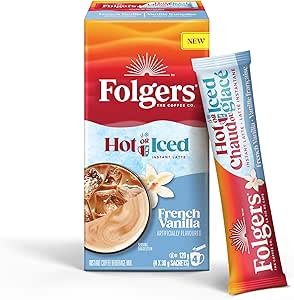 Folgers Instant Coffee Packets for Hot or Cold Brew Drink Mix Sachets, Instant French Vanilla Latte, 4 count (Pack of 1)