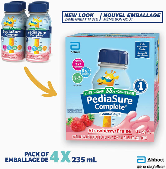 PediaSure Complete Reduced Sugar，減少 33% 的糖，營養補充劑，4 x 235 毫升，草莓口味，940 毫升