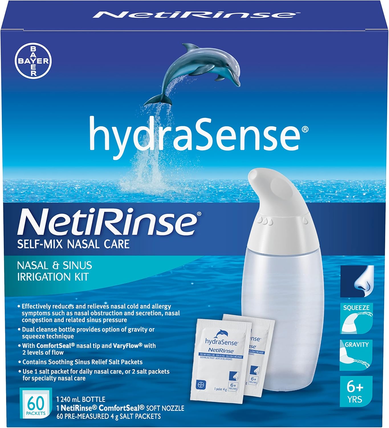 HydraSense NetiRinse 二合一鼻腔和鼻窦冲洗套装，有助于减轻和缓解鼻腔和鼻窦症状，60 片（1 包）