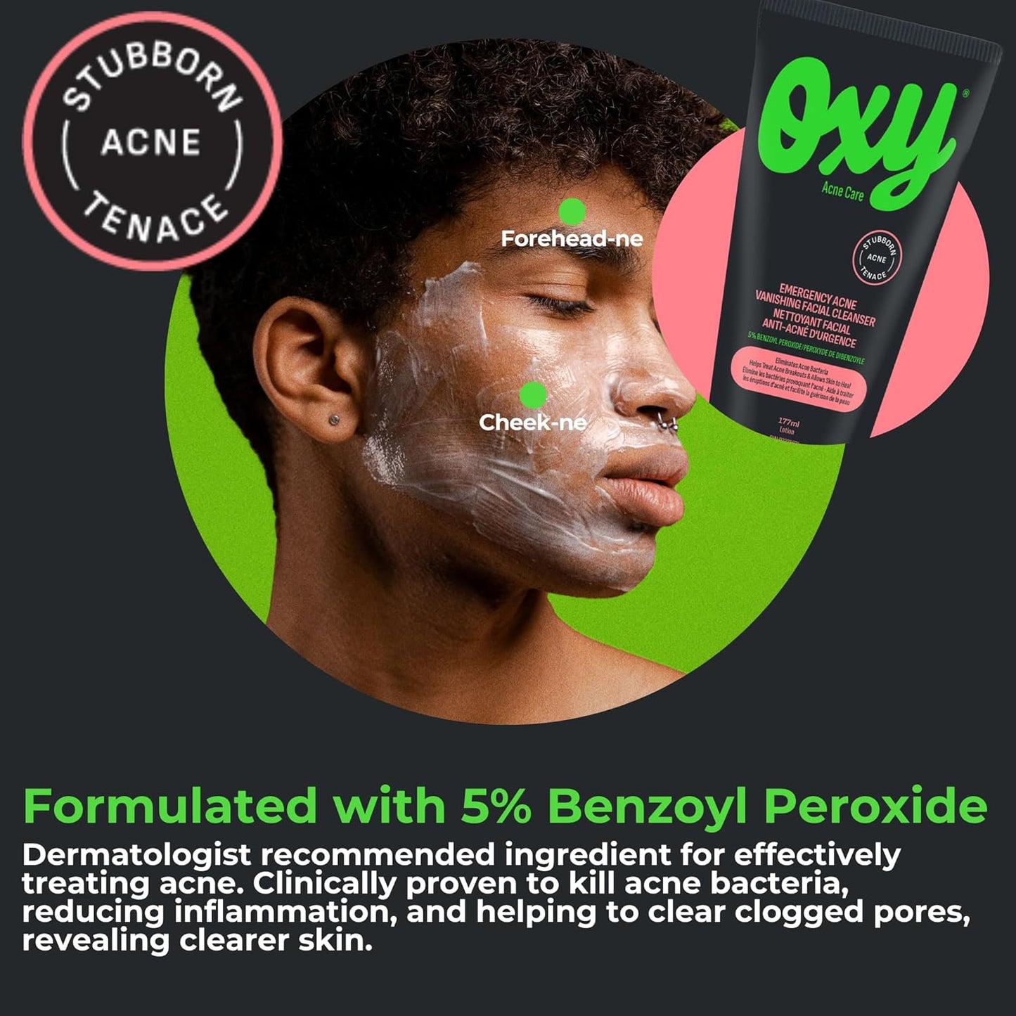 Oxy Emergency Acne Vanishing Facial Cleanser - 5% Benzoyl Peroxide – Stubborn Acne Control - Helps Treat, and Prevent Breakouts – Allows Skin to Heal - Fragrance Free - Dermatologist Tested