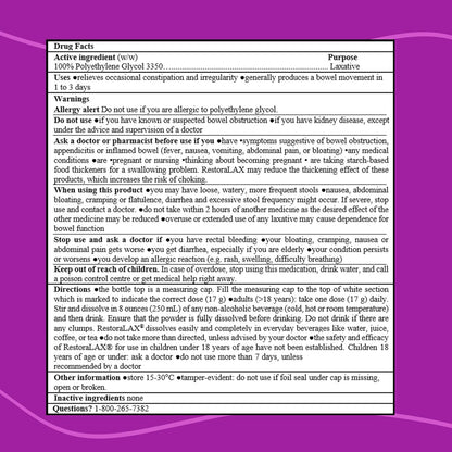 RestoraLAX Powder Laxative, Effective Relief, No Taste, No Grit, No Gas, No Bloating, No Cramps, No Sudden Urge, 30 Doses, 510 grams