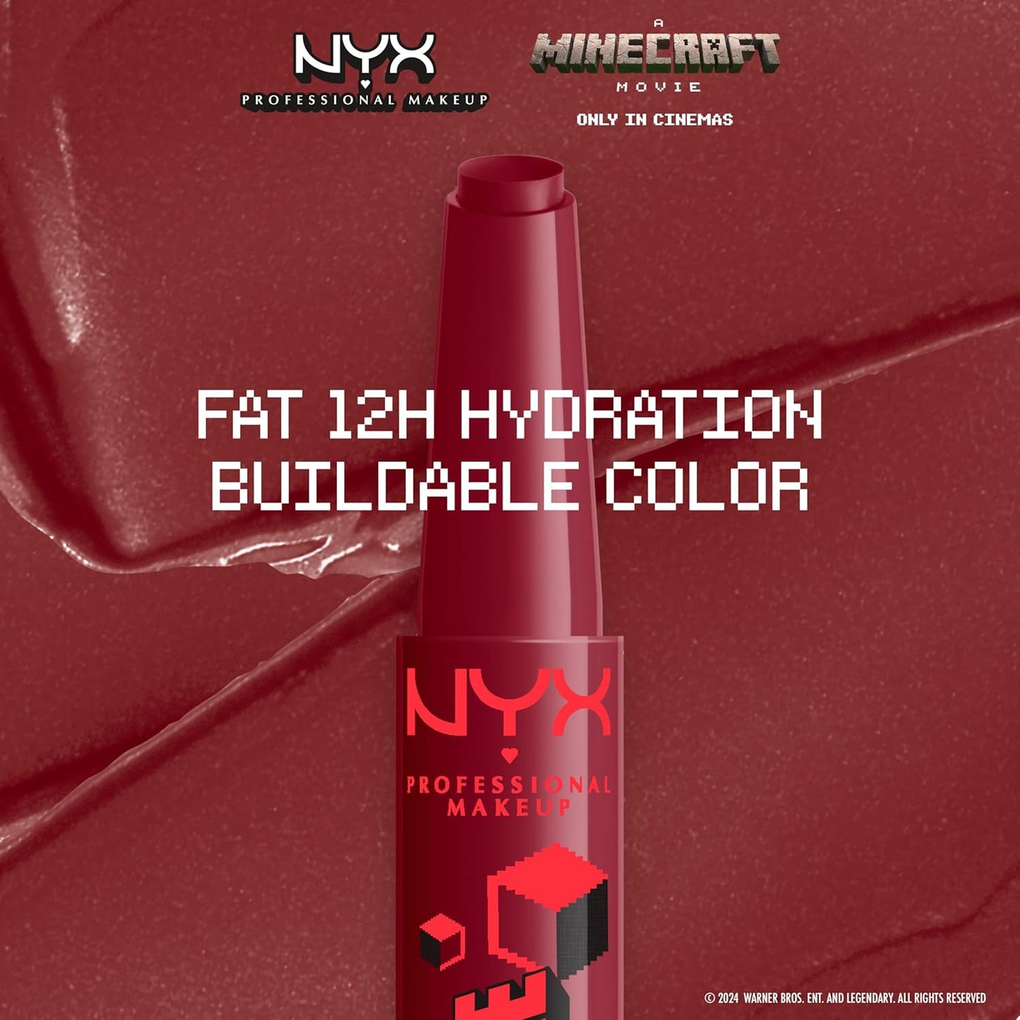 NYX Professional Makeup A Minecraft Movie Fat Oil Slick Click, 12 HR Hydration, Infused with nourishing oils, High-shine Finish, Lip Balm, Shade: Redstone Mine (Red)